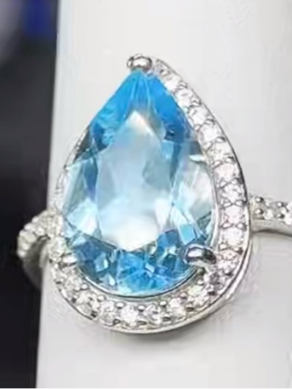 3 CT Pear-Shaped Blue AQUAMARINE Halo Ring MOISSANITE DIAMONDS 925 SS NEW